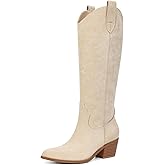 Erocalli White Cowgirl Boot Cowboy Boots for Women Embroidered Pull-On Chunky Stacked Heel Knee High Western Boots