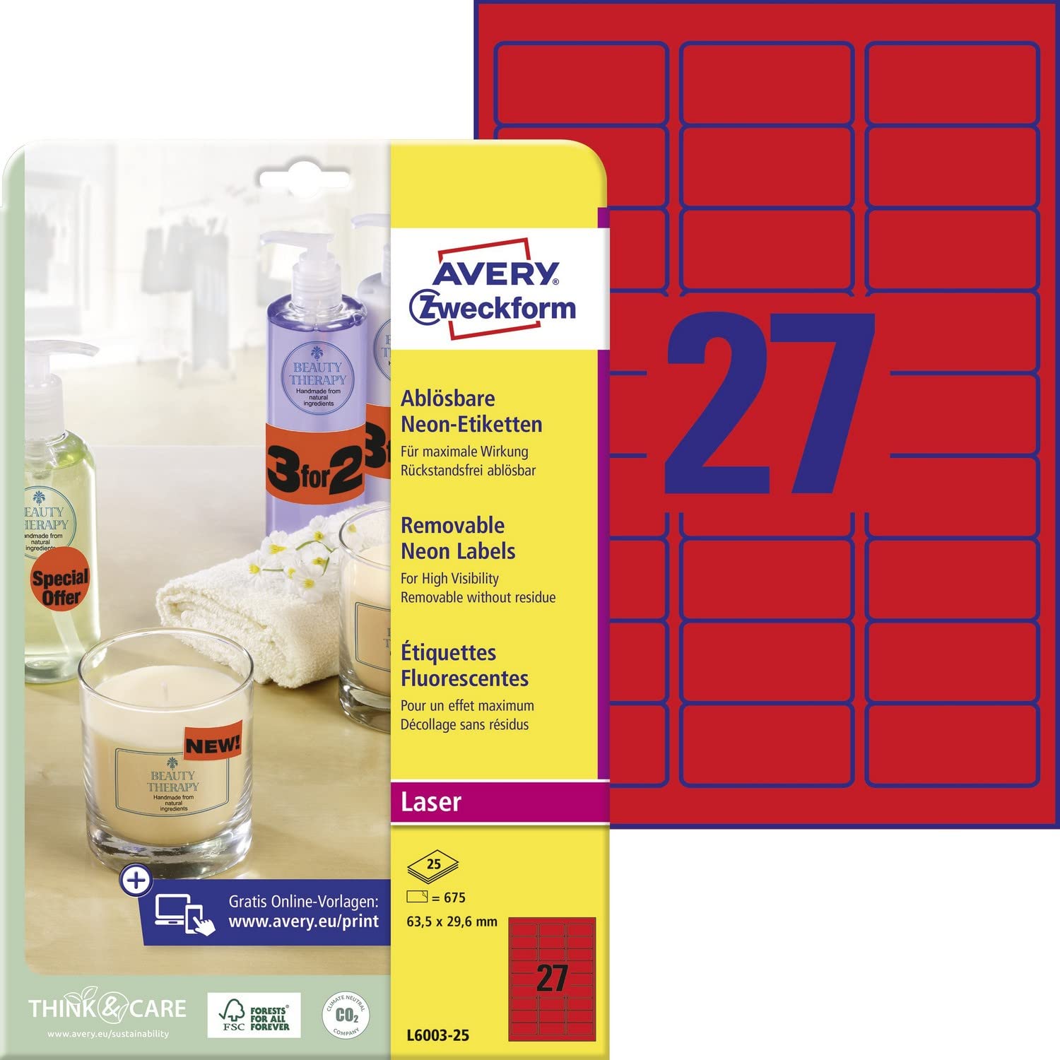 Avery Zweckform L6003-25 Labels 63.5 x 29.6 mm Neon Red