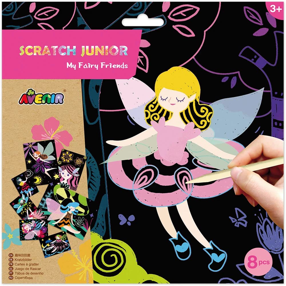 Avenir Scratch Junior | My Fairy Friends | Scratch the special black paper to create magical fairy designs | 8 foil scratch boards and scratch pen | Kids Ages 3+