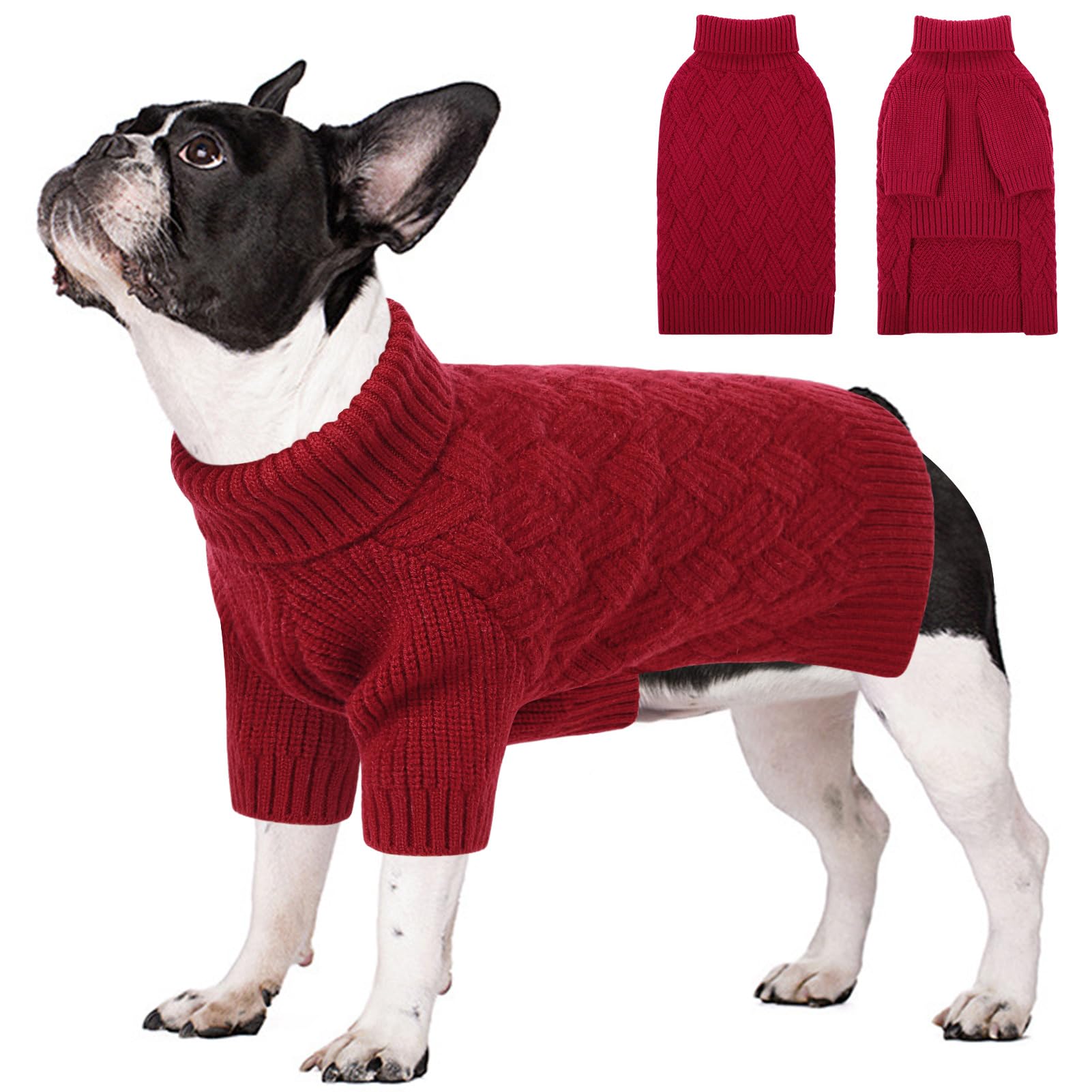 Photo 1 of SUNFURA Dog Christmas Sweater, Sweaters for Large Dogs, Solid Color Dog Pullover for Fall Winter, Warm Sweatshirt Knit Turtleneck for Corgi, French Bulldog, Red L