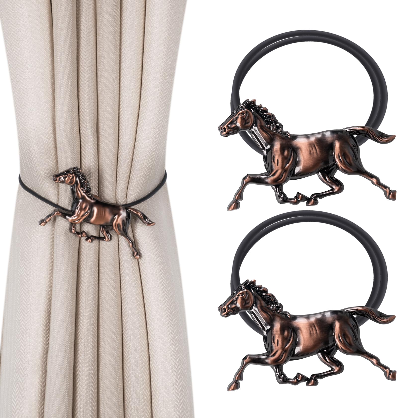 Dalababa Magnetic Curtain Tiebacks, 2 Pcs Horse-shape Curtain Tie Backs, Retro Drapery Holdbacks Rope Holder Straps Buckles for Cafe Balcony Home Decor - Copper