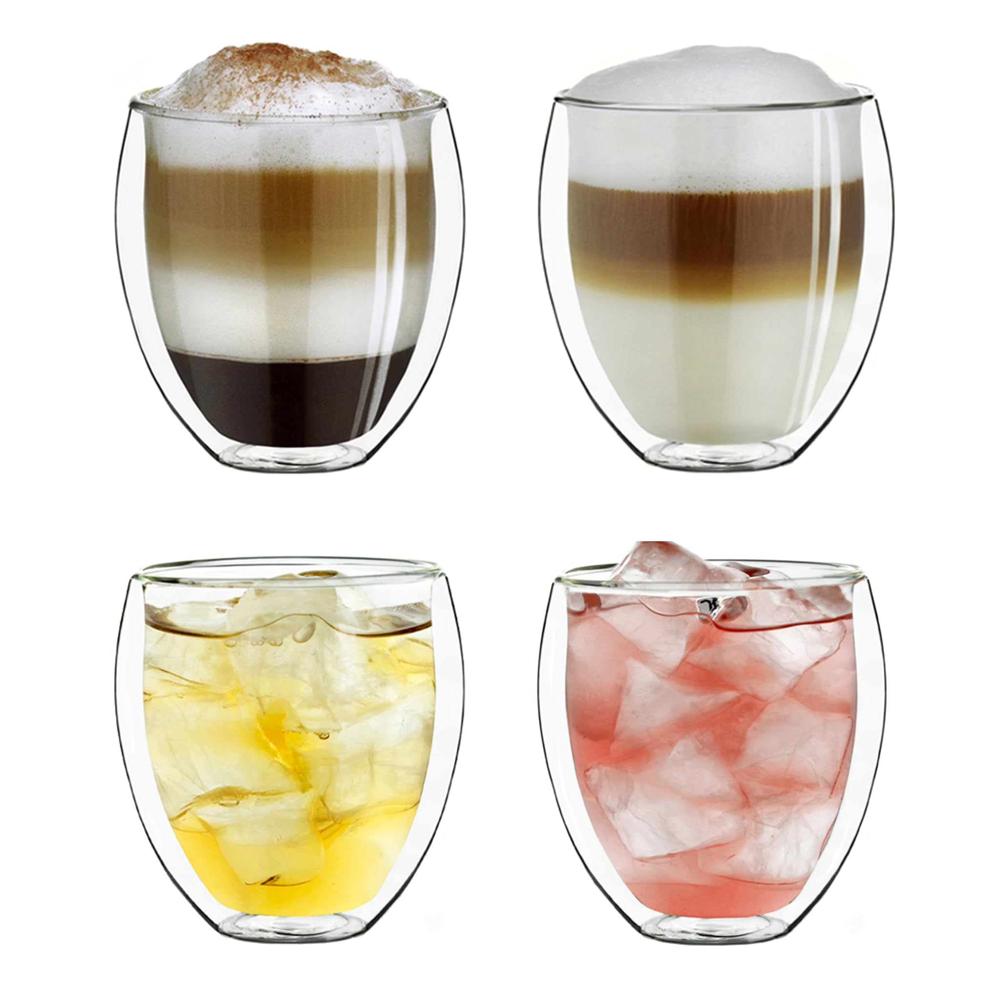 Creano Double Walled Coffee Glasses 250ml - Insulated Cappuccino Cups - Latte Macchiato, Tea - Handmade Heat Resistant Mugs - 4 pcs (Pack of 1)