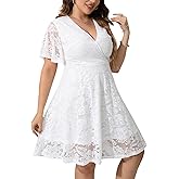 SCOMCHIC Women Plus Size Lace Cocktail Dresses Faux Wrap V Neck Short Sleeve Flowy A Line Wedding Guest Midi Dress