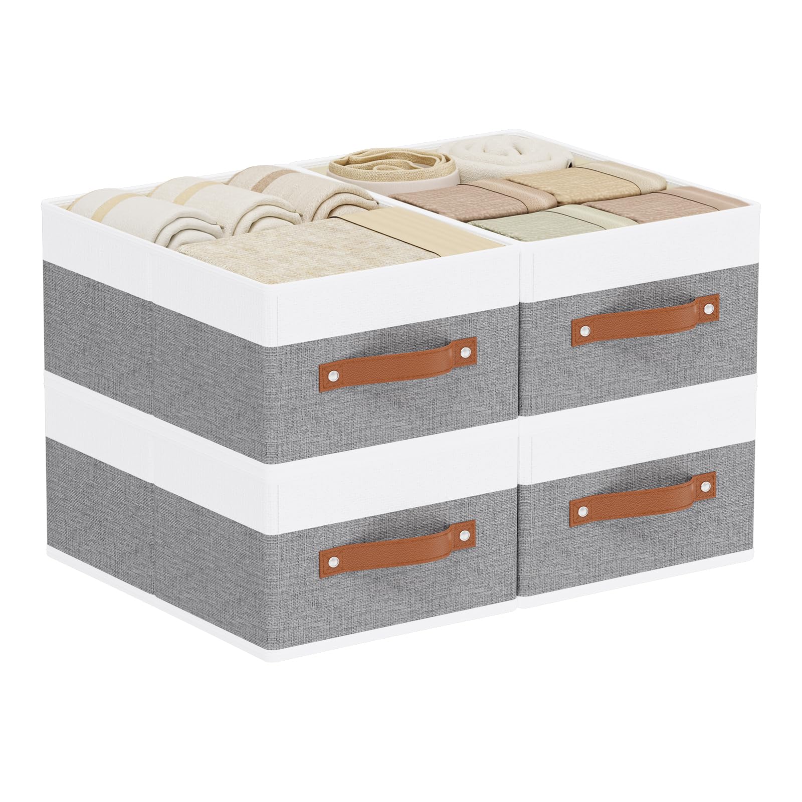 YheenLf Collapsible Storage Boxes, Open Foldable Baskets for Organizing with Handles, Fabric Containers Cubes for Wardrobe, Closet, White and Grey, 33×23×14cm, 4-Pack