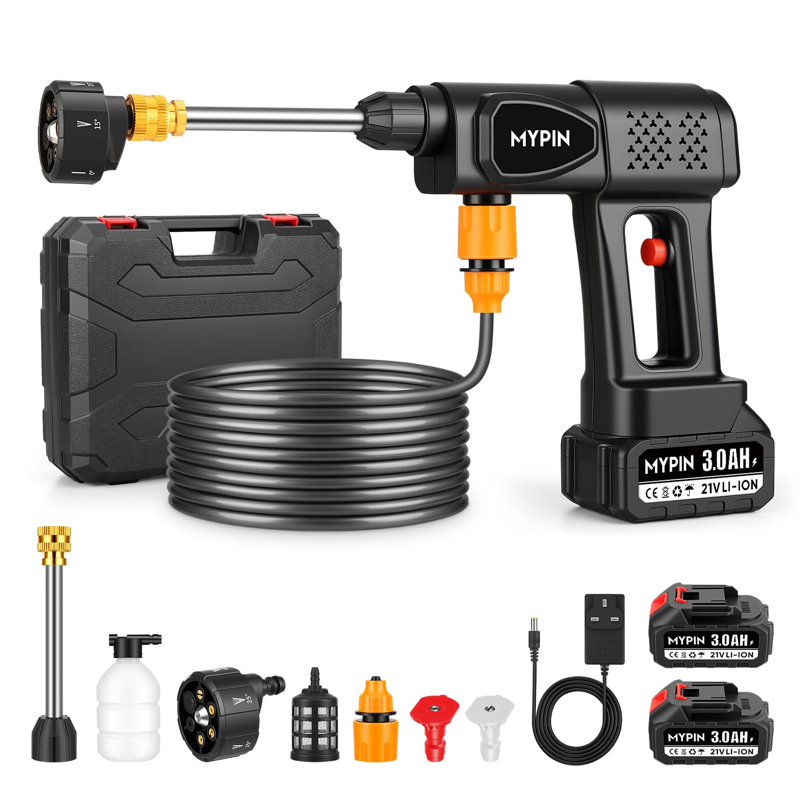 Photo 1 of Portable Cordless Pressure Washer, 600 PSI 21V 2x3.0Ah Rechargeable Batteries Powered Pressure Washer, 6-in-1 Nozzle with Jet Nozzles for Car Floor Wall Fence Cleaning Pet Cleaning
