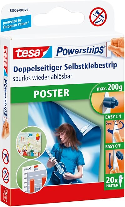 tesa UK Powerstrips Poster Strips White 20 Pack Damage Free Holds 200g