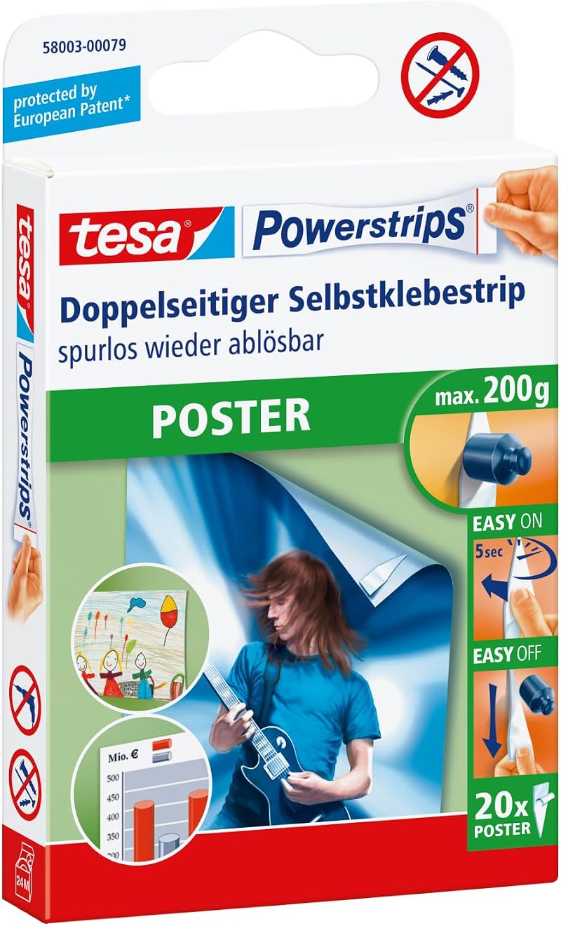 tesa UK Powerstrips Poster Strips White 20 Pack Damage Free Holds 200g