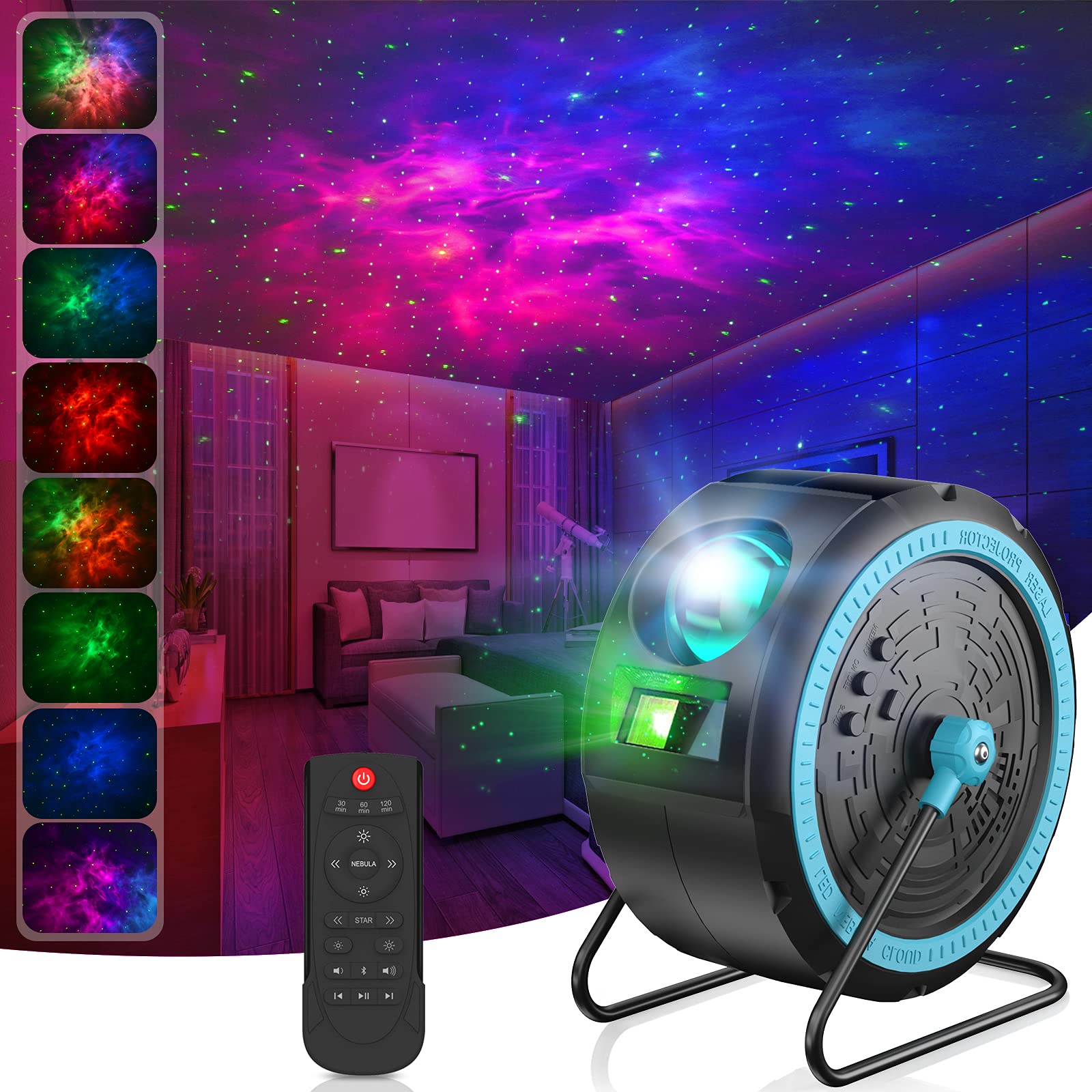 Star Projector,LIAOINTEC LED Galaxy Projector Light Built-in Bluetooth Music Player Night Light Projector, Can be Hung and rotated 360°,with Remote Control,for Kids Adults Room Home Decoration（Black）