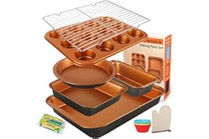 Barlket Baking Pans Set 6-Pieces, Non Stick Bakeware Set Stackable, with Cookie Sheet, Muffin, Round/Square Cake Pan, Loaf Pa