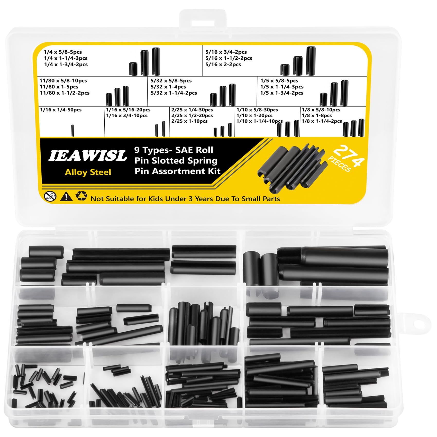 Photo 1 of 274Pcs Roll Pins Assortment, 65Mn Steel Black Roll Pins - 1/4, 5/16, 11/80, 5/32, 1/5, 1/16, 2/25, 1/10, 1/8 for Home Automotive Repair