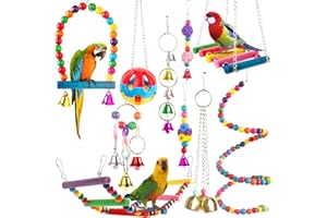 Set 10pcs Bird Parrot Toys, Wooden Bird Swing Chewing Hanging Perches with Bells Hanging Hammock, Colorful Climbing Ladder Bi