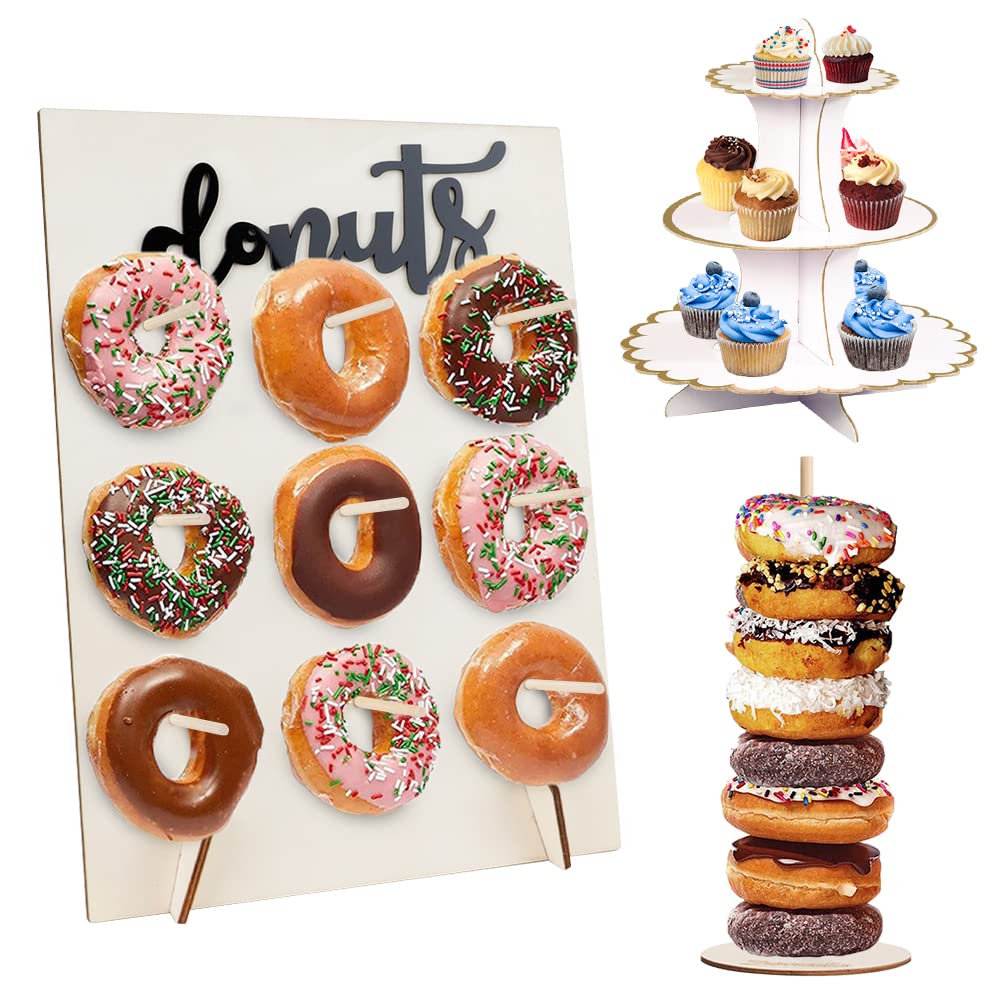 Wood Reusable Bagel Donut Stand, BOJVESH Wooden Donut Wall Stand and White Gold 3-Tier Cardboard Cupcake Stand for Wedding, Birthdays, Party Decoration