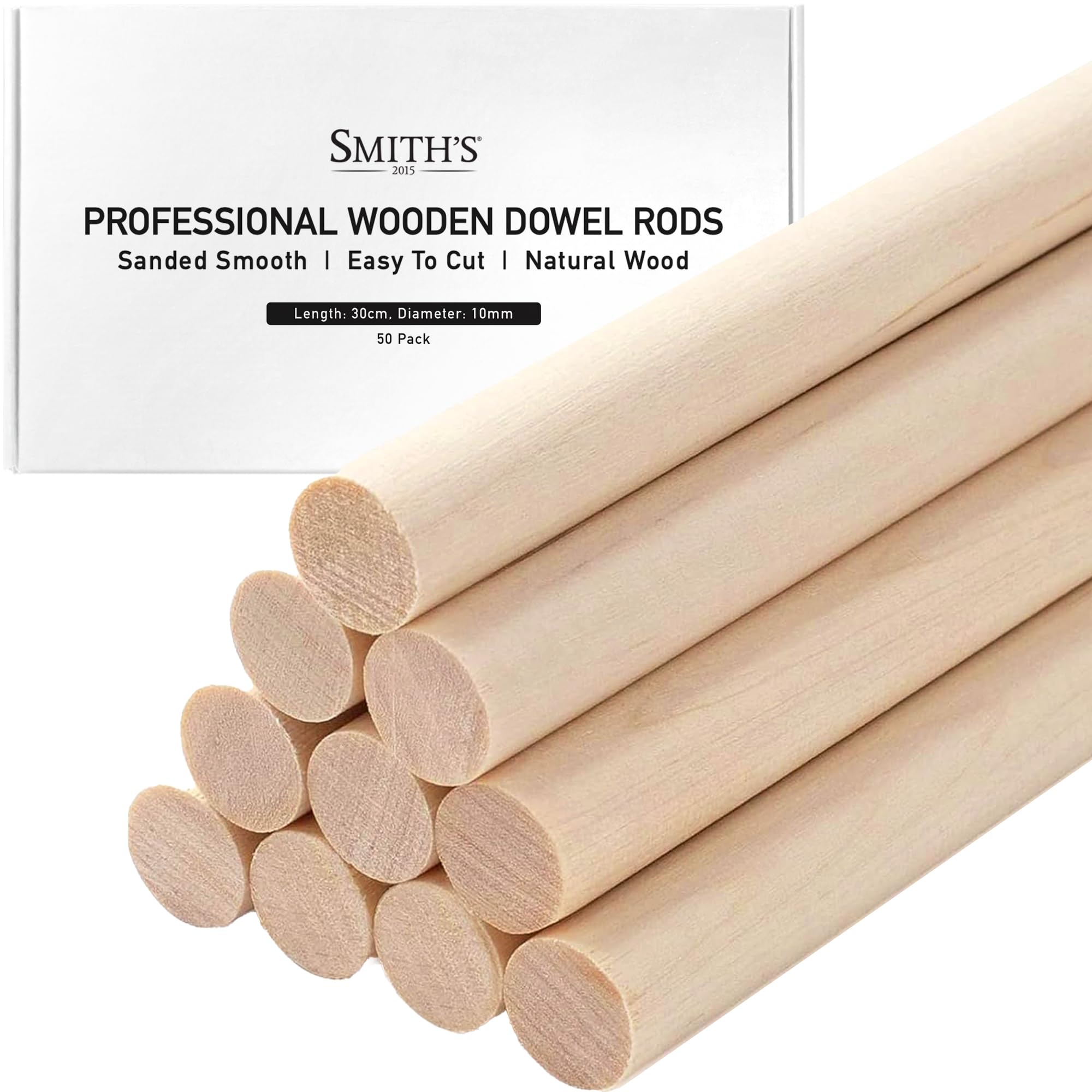 Wooden Dowel Rods by Smith’s® (50 Pack / 30cm x 10mm) | Unfinished, Natural, Organic Wood Sticks | FSC Approved | Perfect for Craft Projects, DIY, Art Works, Woodcraft, & More!