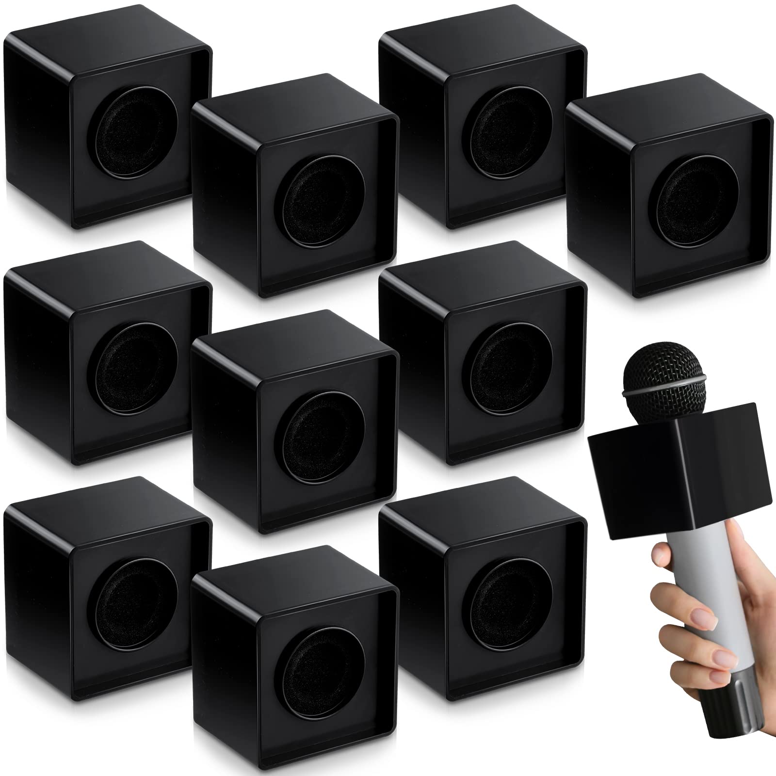 Photo 1 of 10 Pcs Microphone Flag Station Portable Square Cube ABS Foam Mic Flag Logo Studio Equipment Microphone Accessories for Reporter Host Interview (Black)
