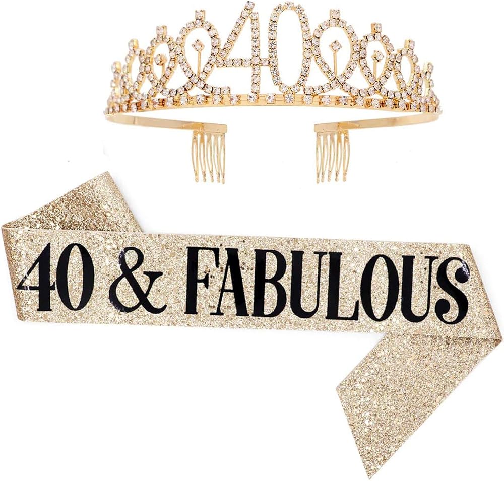 Leixi 40th Birthday Sash and Rhinestone Tiara Set Gold - 40 and Fabulous