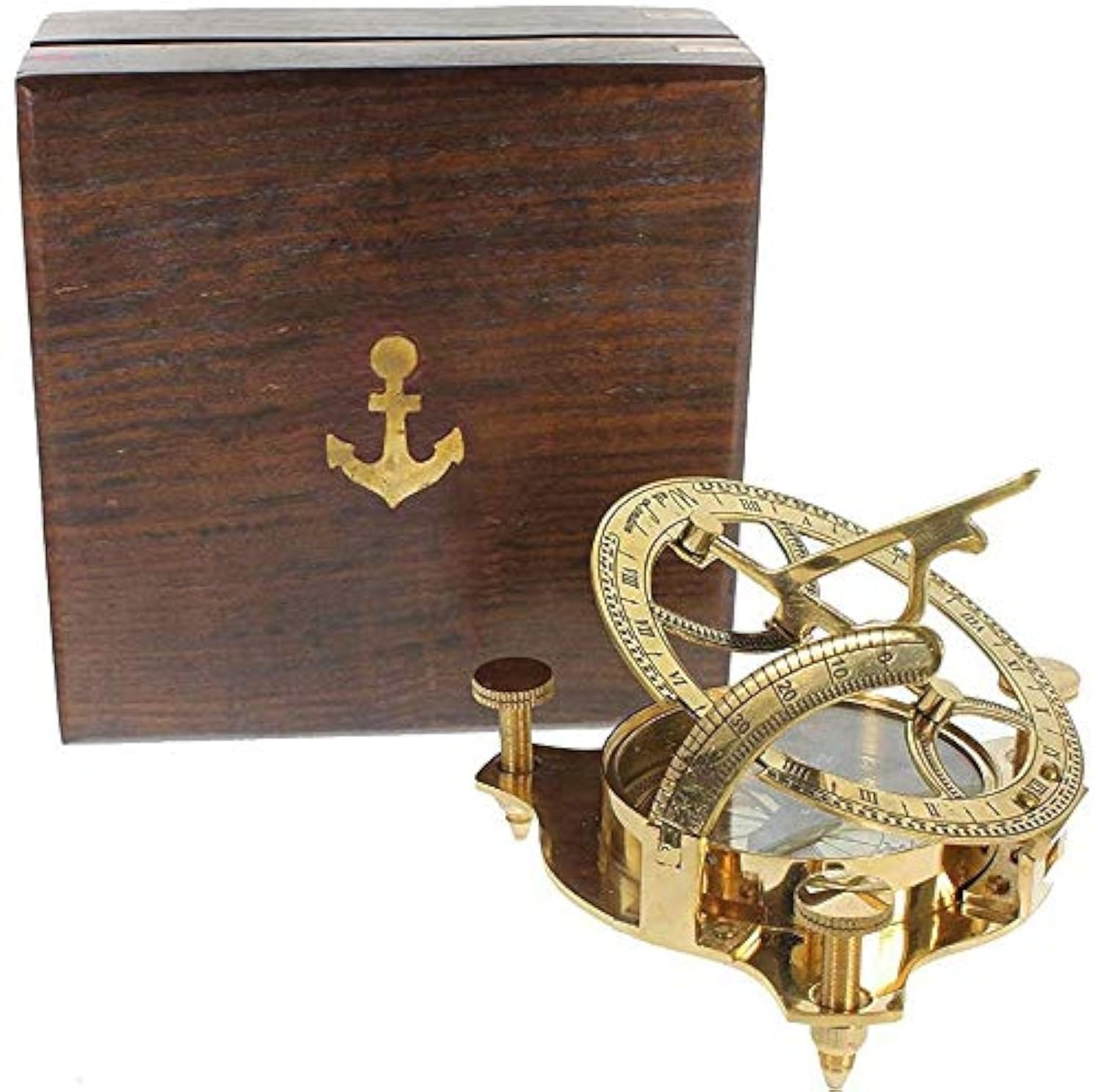 Brass Sundial Compass with Hardwood Wooden Box 4'' Pirate Sundial Compass Nautical Decorative Sailor Navigation Compass Antique Collectible Creative Vintage Gift