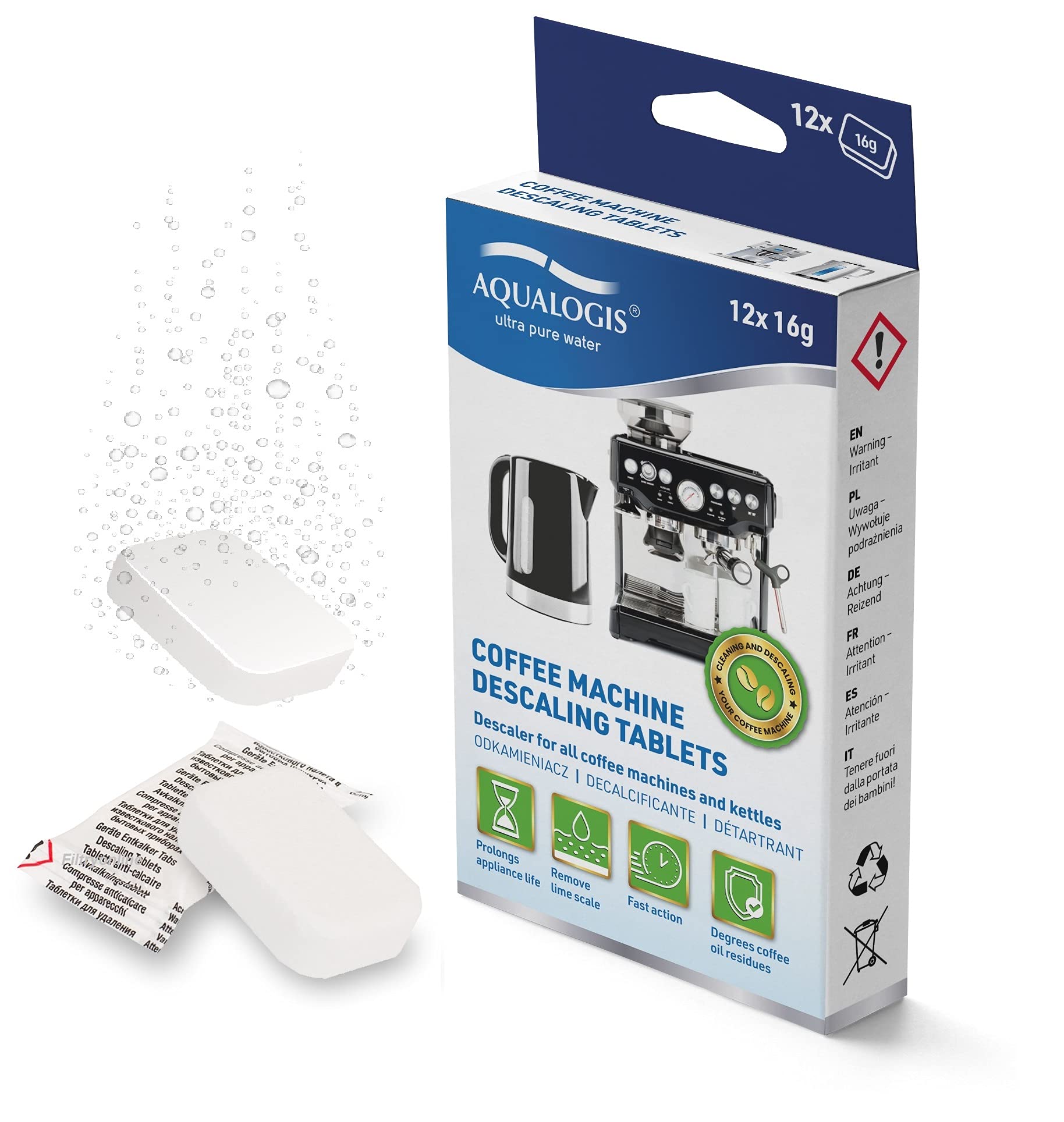 Aqualogis Descaling Descaler Tablets Compatible with Bosch Tassimo Senseo Nespresso Dolce Gusto Coffee Machines (12 tab)