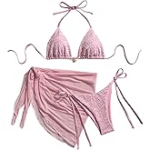 BEAUDRM Women's 3 Piece Floral Halter Bikini Set Tie Back String High Cut Swimsuit with Coverups Skirt