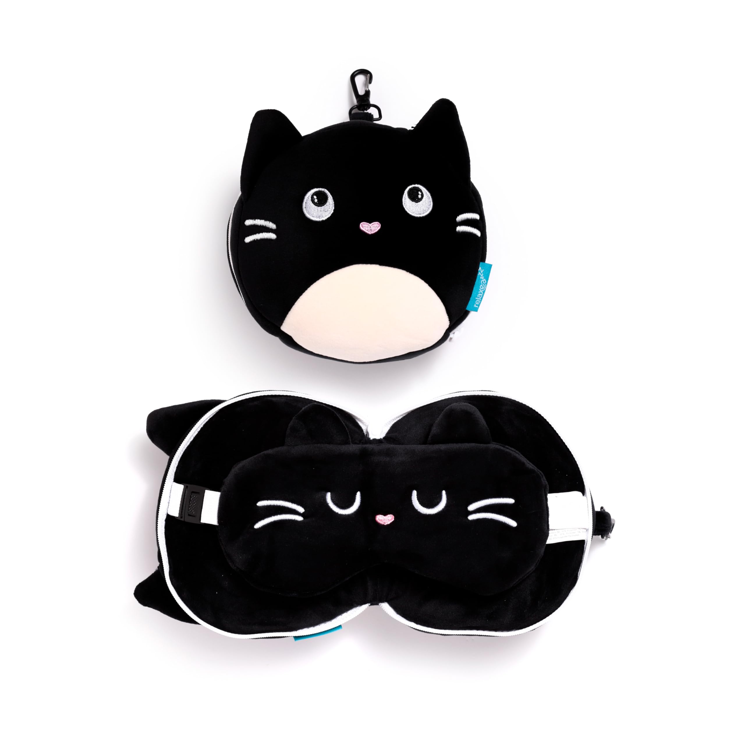 Puckator Relaxeazzz Feline Fine Cat Round Plush Travel Pillow & Eye Mask - Sleep Eye Mask Masks - Kids Travel Accessories For Sleeping Airplane - Flight Plane Neck Pillow Pillows