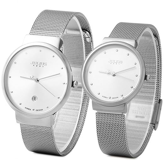 JULIUS JA-426 His and Hers Couple Ultra Thin Diamante Dial Silver Mesh Stainless Steel Fashion Watch