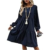RoseSeek Women's Flowy Tiered Swing Shift Dresses Ruffle Long Sleeve Crew Neck Knee Length Dress