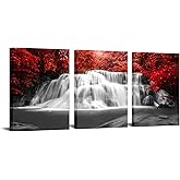 iKNOW FOTO Waterfall Giclee Canvas Prints Wall Art Paintings for Home Decorations Black and White Red 3 Piece Modern Gallery Wrapped Nature Pictures Artwork Ready to Hang 12x16inchx3pcs