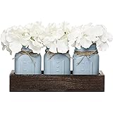 Mkono Mason Jar Centerpiece Decorative Wood Tray with 3 Painted Jars Artificial Flowers Rustic Country Farmhouse Fall Decor f