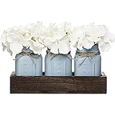 Mkono Mason Jar Centerpiece Decorative Wood Tray with 3 Painted Jars Artificial Flowers Rustic Country Farmhouse Thanksgiving Decoration for Coffee Table Dining Room Living Room Kitchen