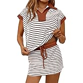 Fisoew Womens Striped 2 Piece Outfits Casual Sweatshirt Skirt Set Short Sleeve Skort Workout Set Matching Lounge Sets