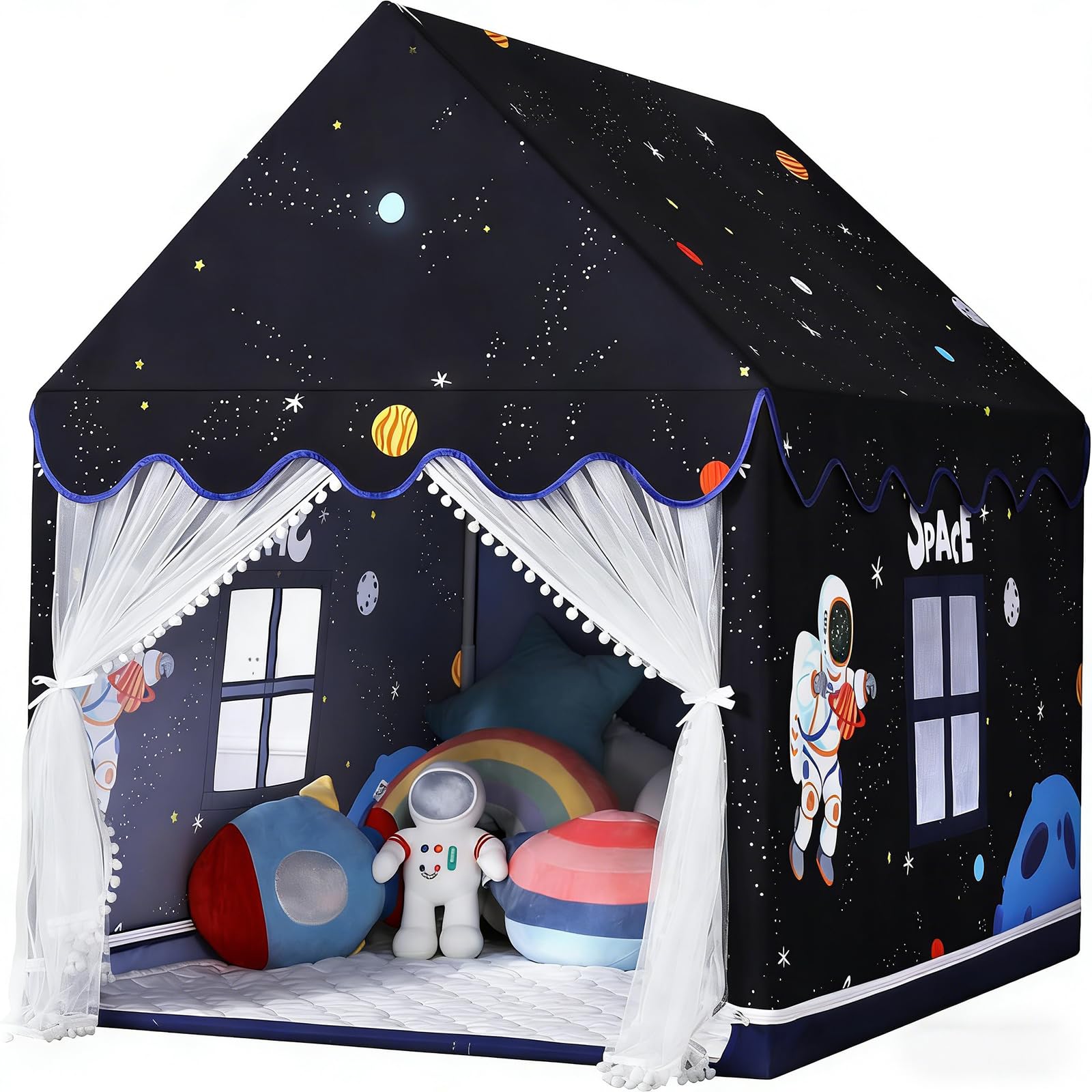 Wilwolfer Space Kids Tent Indoor: Play Tent with Mat - Large Play House Indoor & Outdoor for Toddlers, Kids Tent for Boys, Toy House Birthday Gift (Black)