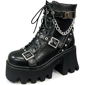 FOREADA Platform Combat Boots Women Goth Chain Chunky Heel Motorcycle Boot | Designed with chunky block stacked heeled, lace