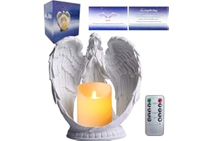 Carefree Fish Starry Sky White Angel Wing Praying Sandstone Statue Angel Figurine Prayer Home Decor Memorial LED Candle Holder 9Inch (Remote Control, with Timing Function.)