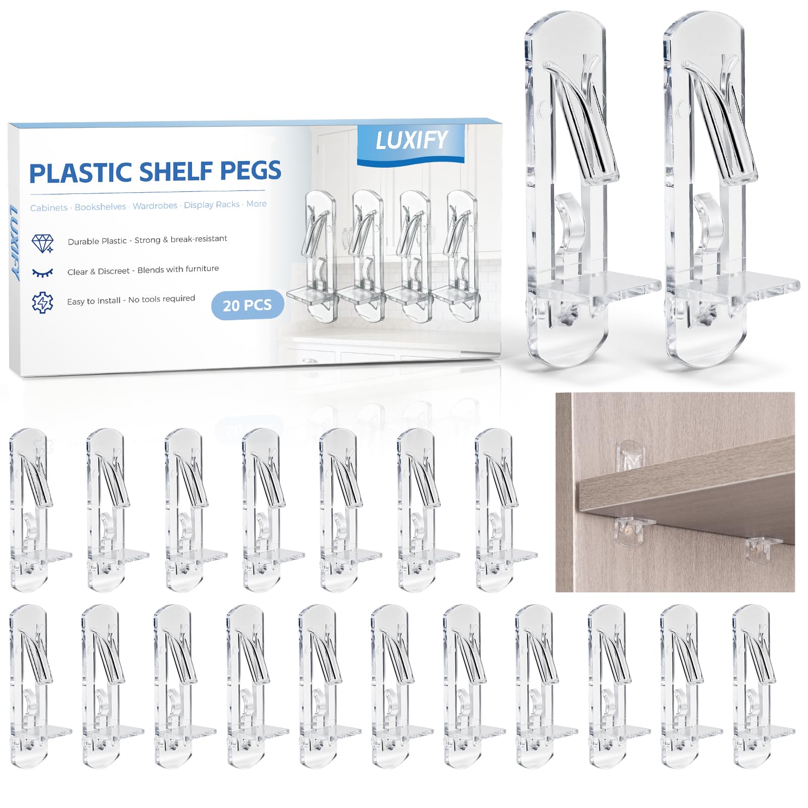 Photo 1 of 20 PCS Locking Shelf Pegs 6mm*3/4? Plastic Clear Shelf Pins & Pegs for Kitchen Cabinets, Bookcases, Wardrobe Transparent Plastic Shelf Support Pins, Compatible with All Standard 6mm Holes