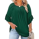 Micoson Womens Plus Size Tops 3/4 Ruffle Sleeve Shirts Crewneck Pleated Blouses Dressy Casual Fashion Tunic Top (1X-5X)