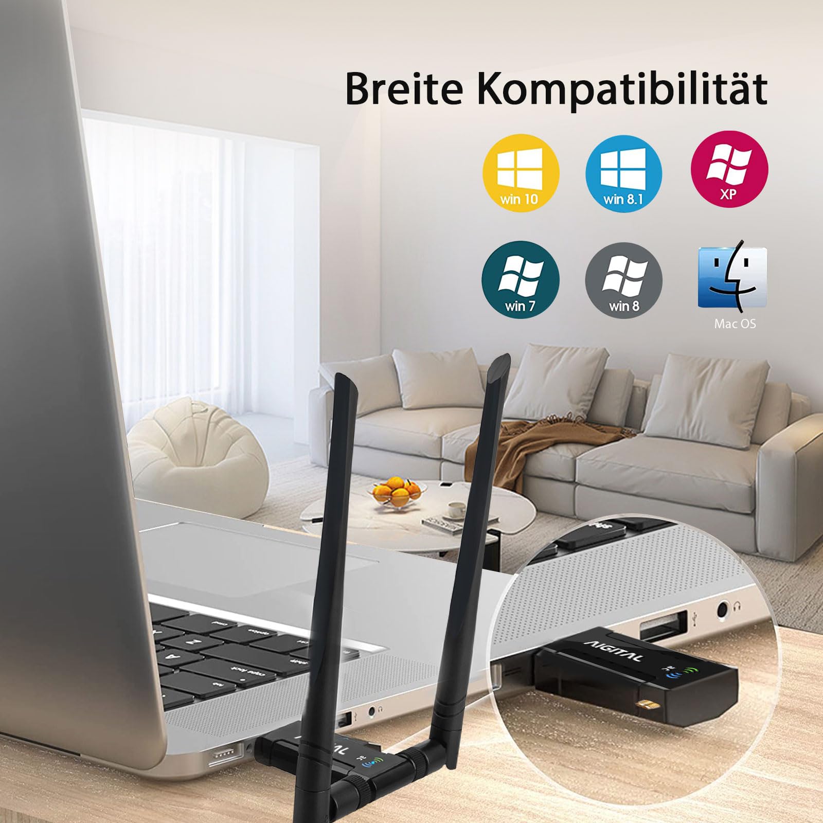 WLAN Adapter 1200Mbit/s, WLAN USB Stick DualBand 867Mbit/s (5GHz), 300Mbit/s (2,4GHz) WLAN Empfänger mit 2*5dBi Antenne und USB 3.0-Dockingstation mit 65cm kable für PC Desktop Laptop Windows/Mac OS 7