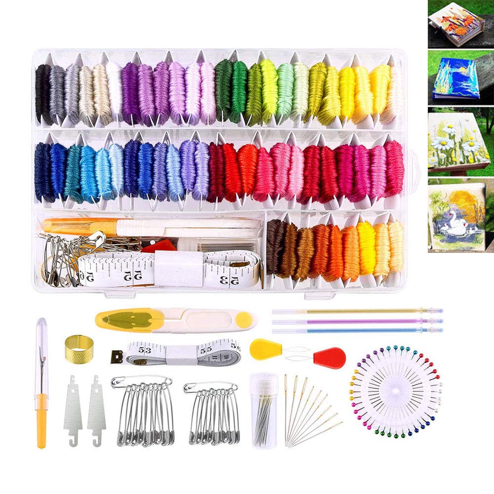 Embroidery Kits with Organizer Storage Box,57 Colors Embroidery Thread Floss Cross Stitch Sewing Needles Kit for Friendship Bracelet String Making