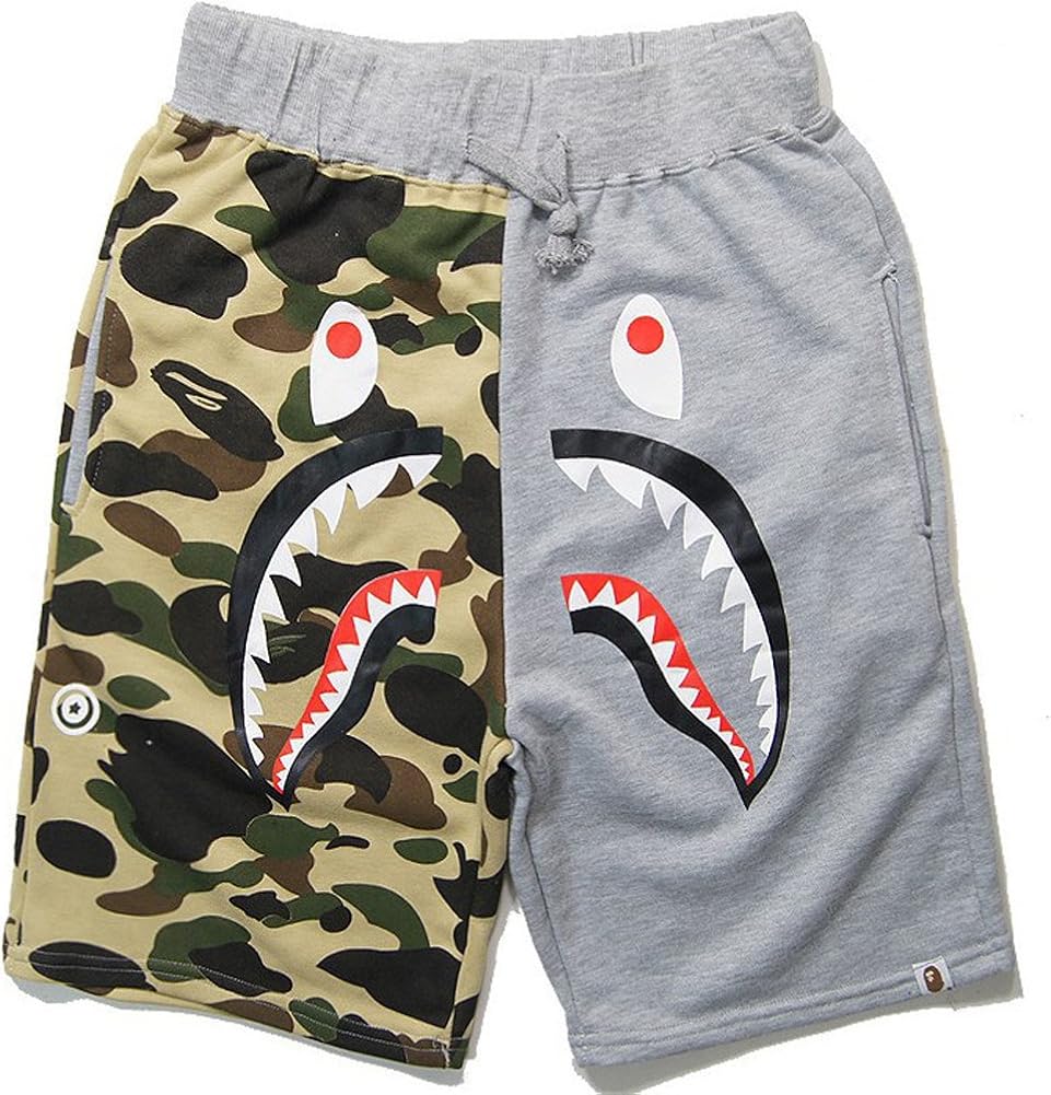 Athletic Pants Shark Pattern Camouflage Stitching Shorts Men Drawstring Black Sports Shorts