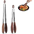 Wooden Tongs for Cooking, 2-Piece 10 & 13 Inch Kitchen Tongs Set with Locking Mechanism, Stainless Steel with Walnut Wood Tip