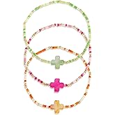 BXDA Seed Beads Cross Friendship Bracelets Stack Set for Women, 3Pcs Cute Boho Handmade Pink Green Orange Colorful Stackable Bracelets Summer Beach Jewelry Gift.