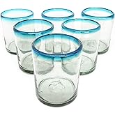 MexHandcraft Aqua Blue Rim 10 oz Tumbler Glasses (set of 6) Mexican Handmade Glassware, Recycled Glass, Lead-free, Toxin-Free (Tumbler)