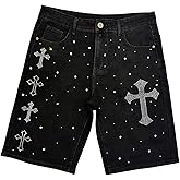 WDIRARA Men's Rhinestone Denim Shorts Frayed Raw Hem Straight Leg Jean Shorts Streetwear