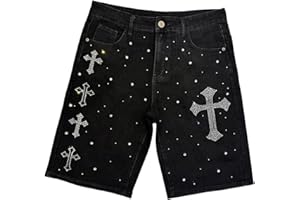 WDIRARA Men's Rhinestone Denim Shorts Frayed Raw Hem Straight Leg Jean Shorts Streetwear