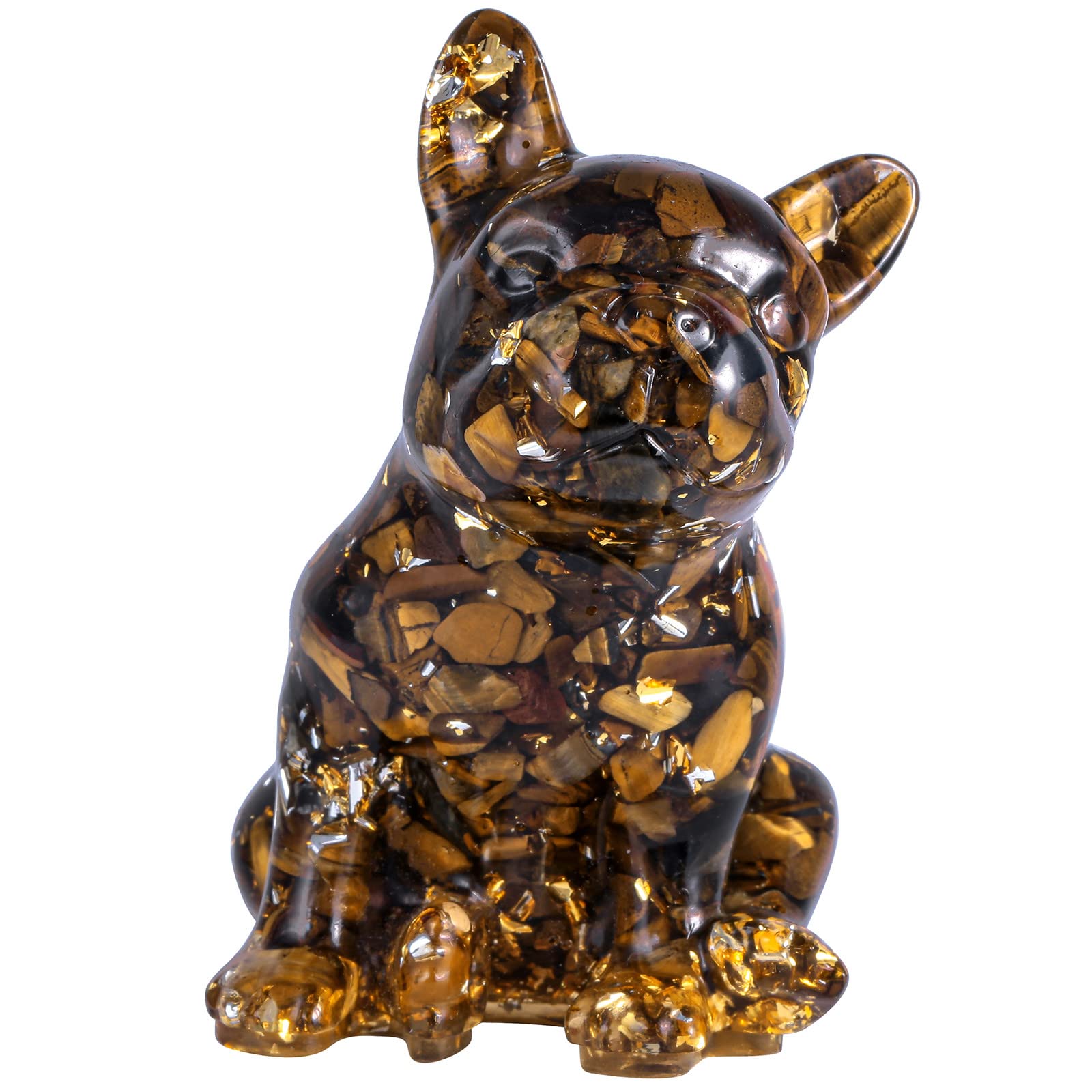 Nupuyai Tiger's Eye French Bulldog Carved Crystal Animal Statue Ornament, Energy Healing Stone Pocket Figurine Resin Home Office Decor