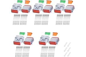 DEUTUSACC Deutsch DT Grey 12 Pin Connectors 5 Sets, Waterproof Electrical Wire Connector with Stamped Contacts and Seal Plug for Truck, Off-Road Vehicles, Construction, Agriculture, Marine, Motorcycle Wiring