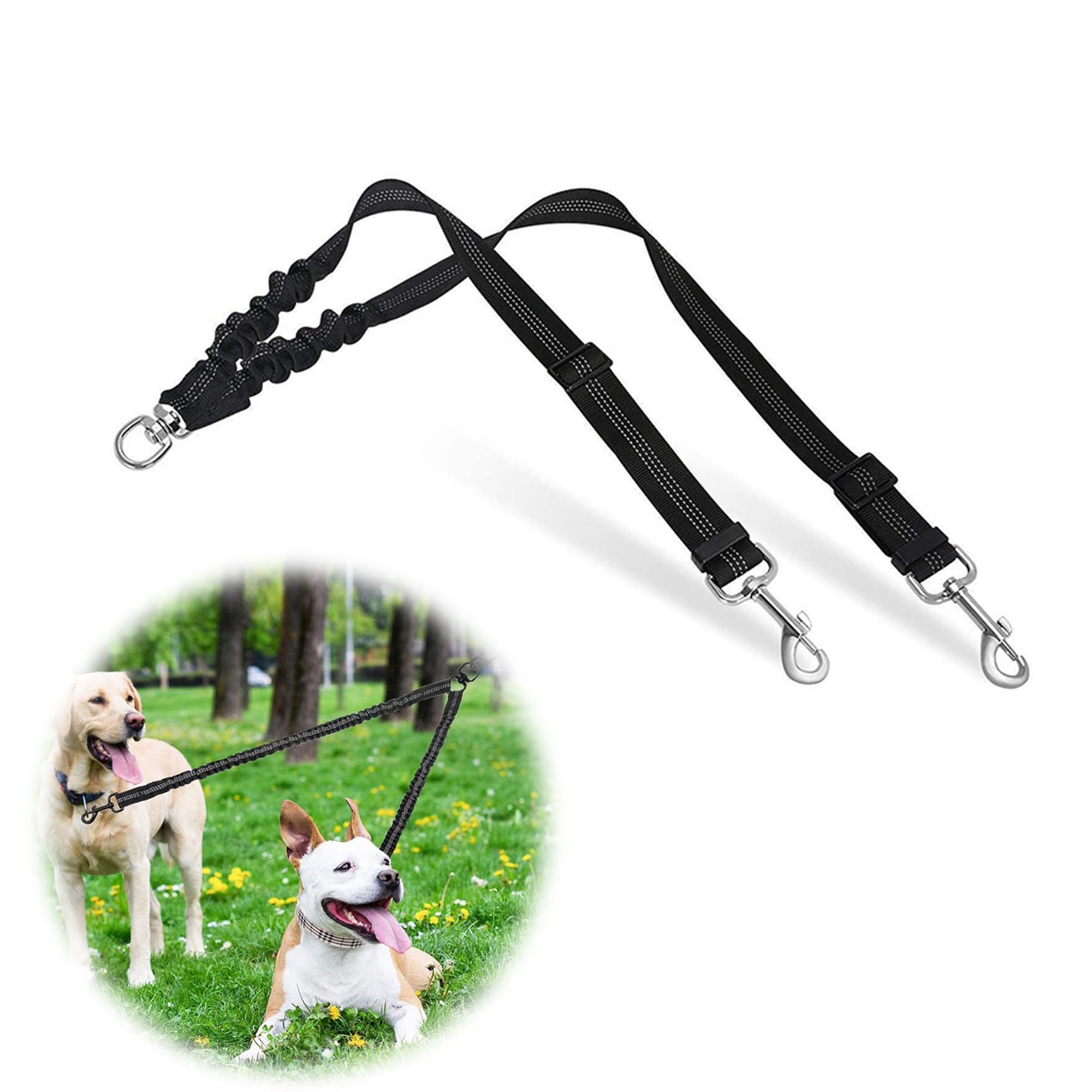 LZGOPE Double Dog Lead, Adjustable Shock Absorbing Bungee Cord, Dual Leash Coupler, 360° Swivel Tangle-Free, Reflective Leash Splitter for Daily Walking and Training of Medium to Large Dogs (Black)