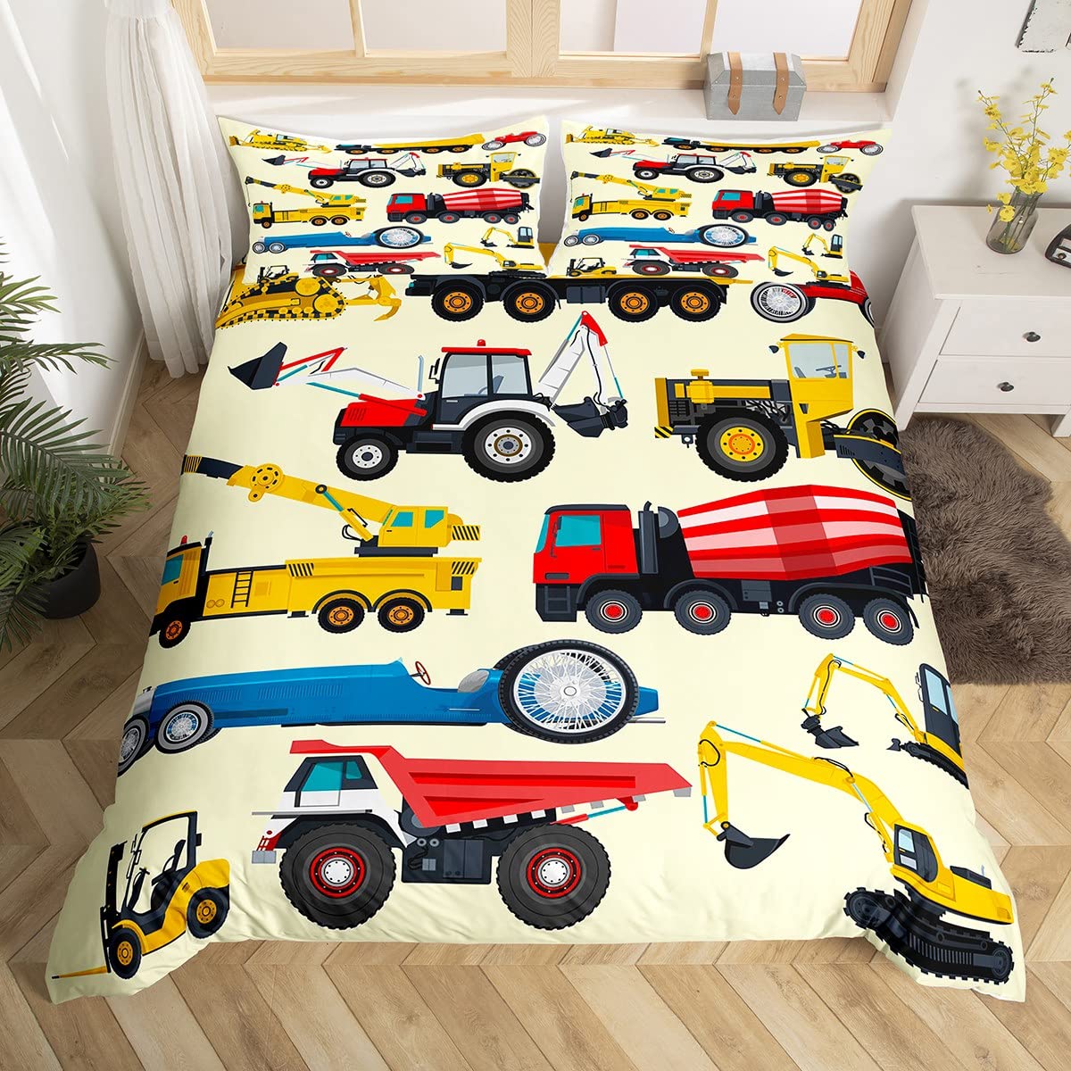 Excavator Print Duvet Cover Set Construction Vehicles Comforter Cover Equipment Trucks Bedding Set Light Yellow Bedspread Cover for Kids Boys Girls King Size With 2 Pillow Case โ image 1