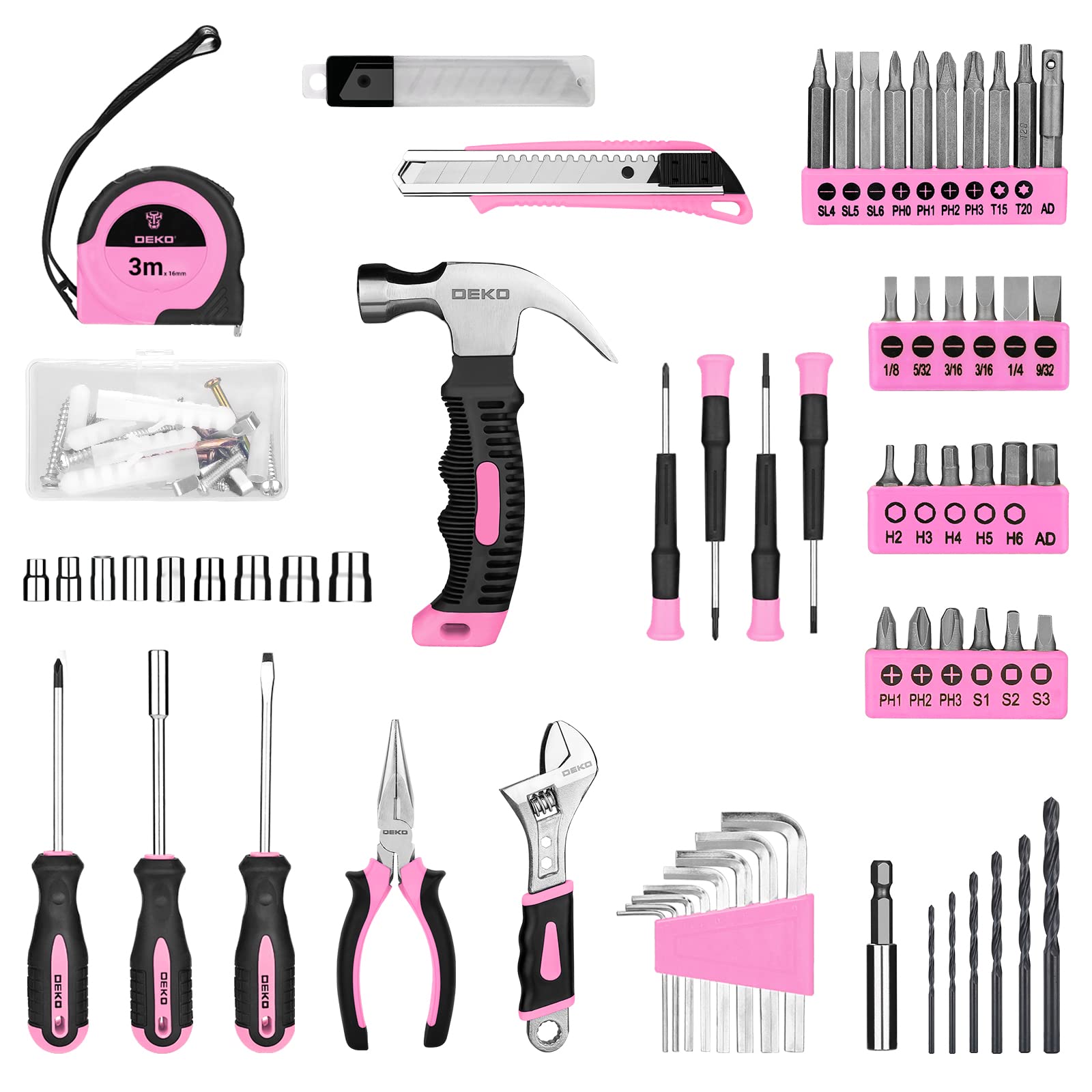 DEKOPRO Drill Set, Home Tool Set with 8V Pink Cordless Drill, Hand Tool Kit for Women, 126 pcs