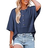 Dokotoo Womens Waffle Knit Tops 2026 Fashion 3/4 Sleeve Casual Button Down Shirts Crew Neck Oversized Patchwork Blouses