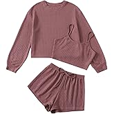 COZYEASE Women's 3 Piece Lounge Sets Ribbed Knit Cami Top Long Sleeve Tee Shirts and Shorts Pajama Sets