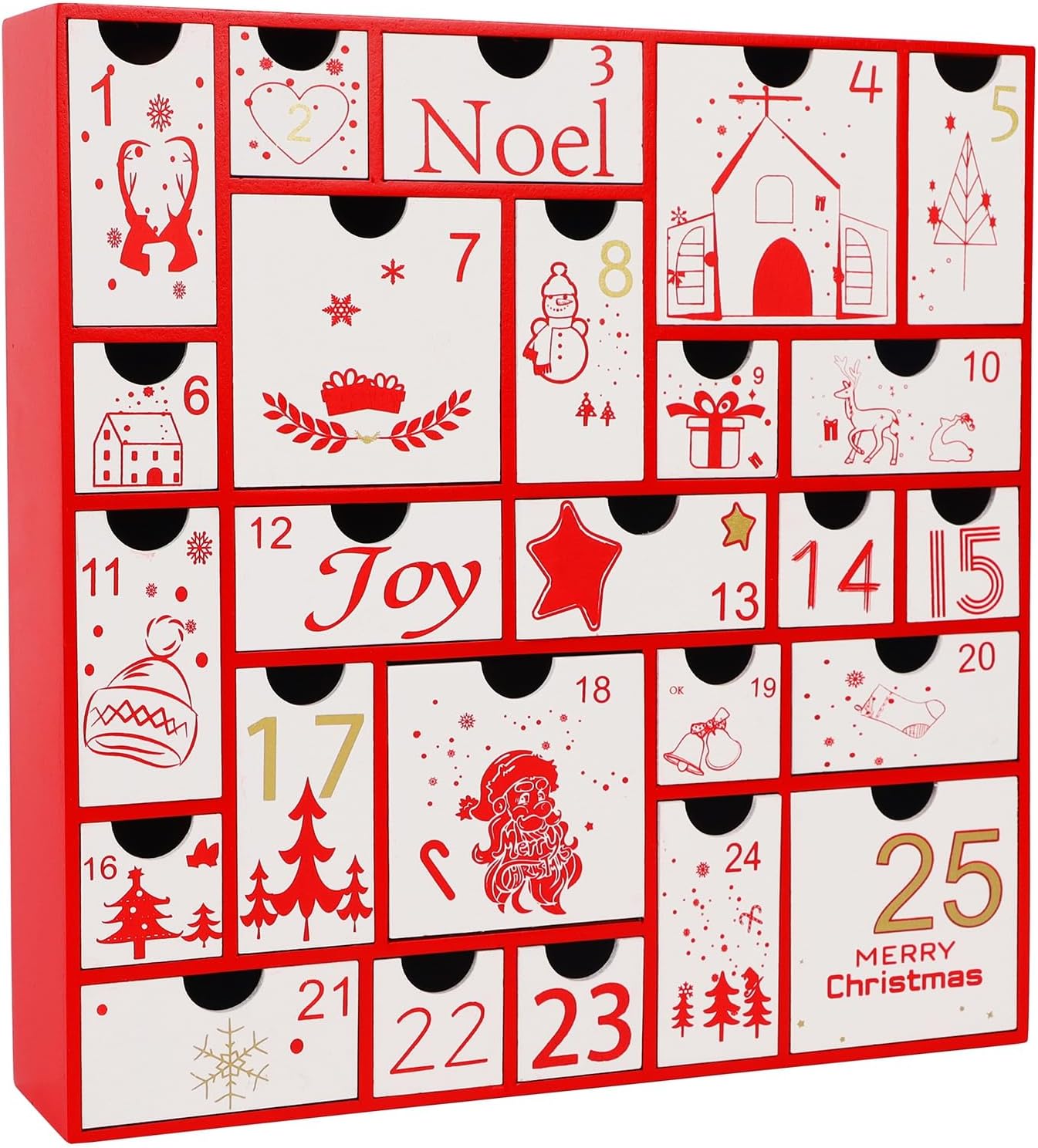 Advent Calendars - Juegoal Red Advent Calendar, 11.8 Inch Christmas Wooden Advent Calendar with 25 Large Drawers, Christmas Countdown Calendar 2023, Premium Wood Hand Painted Refillable Advent Cute Holiday Decoration